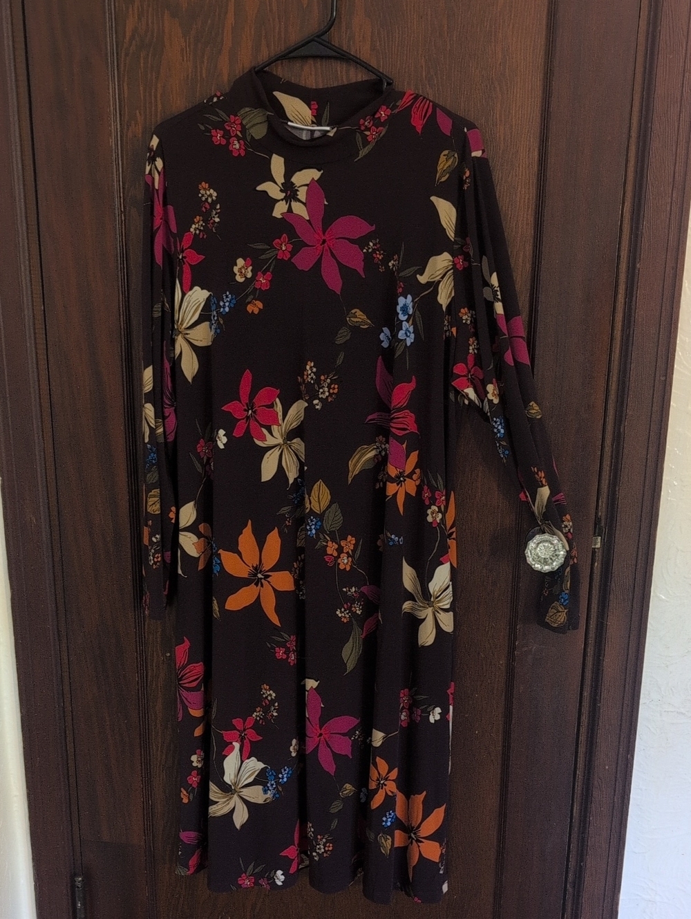 Susan Graver Black Floral Midi Dress with Pink, Orange & Cream Flowers